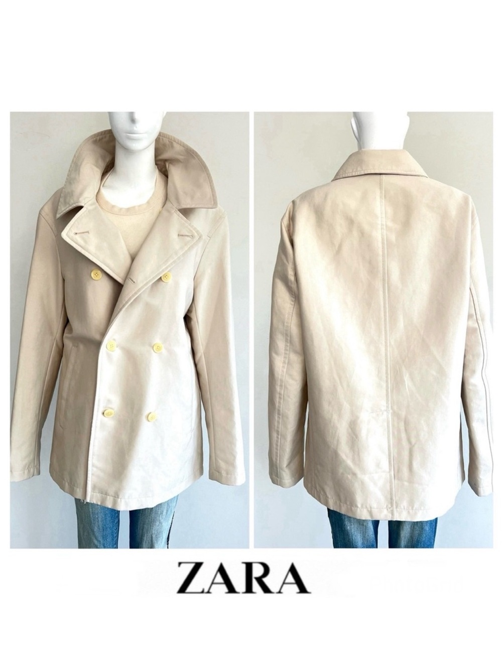 ZARA Neutral Cream Double Breasted Long Sleeve Side Pockets Trench Coat Sz L